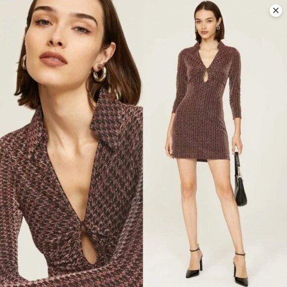 ASTR THE LABEL Women Mini Dress Nia Metallic Houndstooth in Copper houndstooth - Picture 1 of 9
